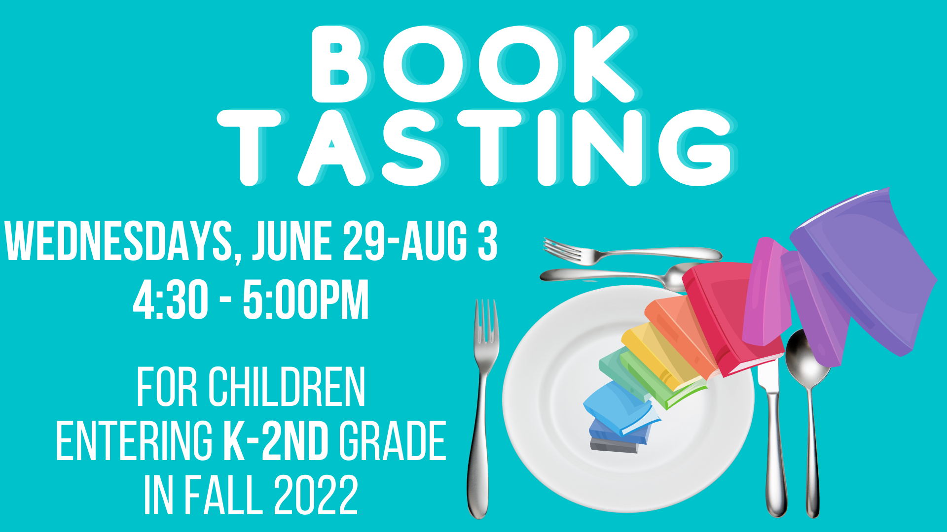white text saying book tasting on a blue background with colorful books on a plate