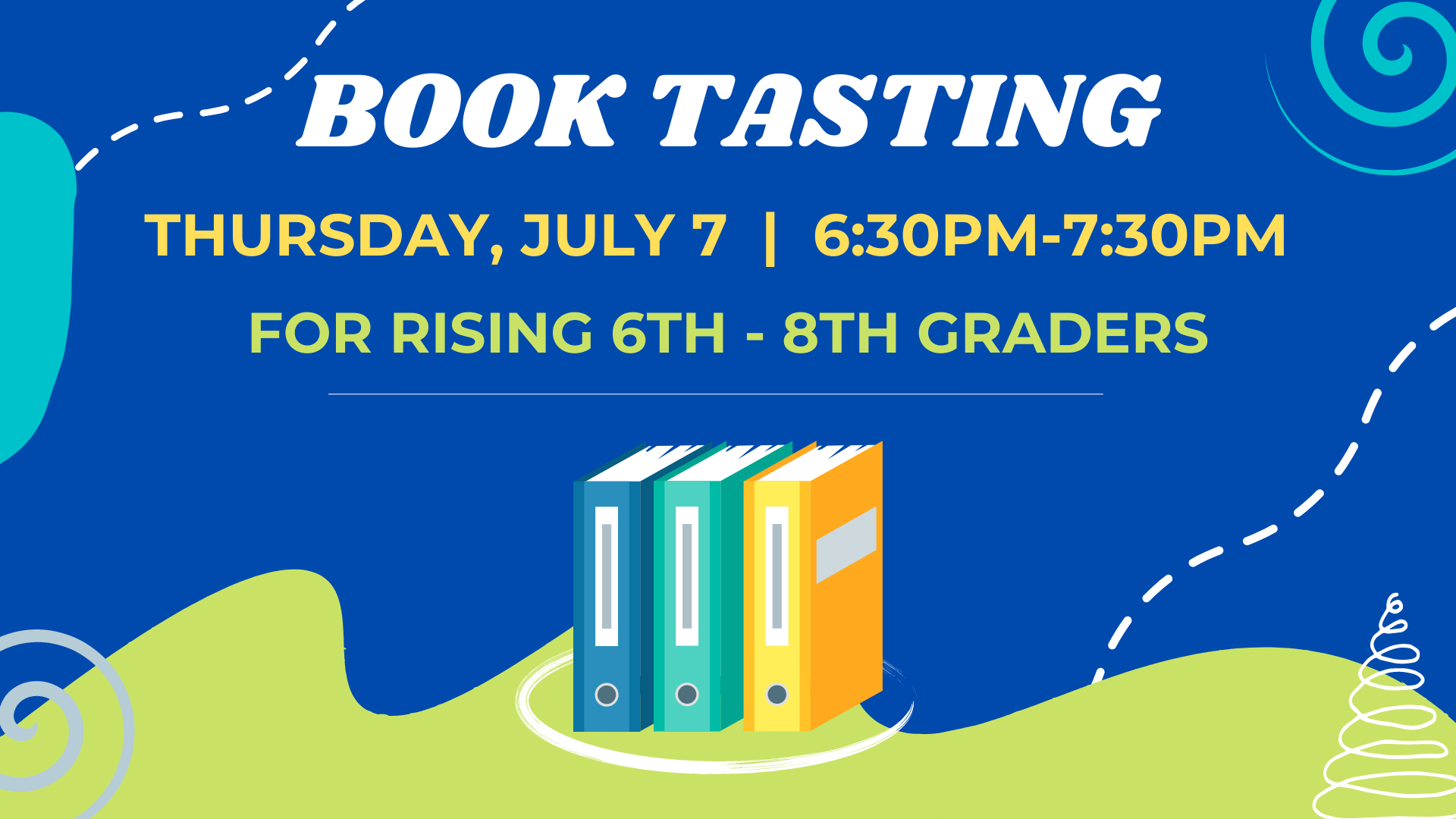 text saying book tasting on a blue and green background with colorful books