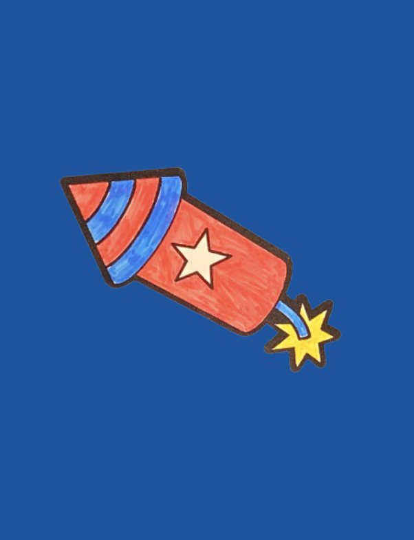 Red, white and blue rocket on a blue background