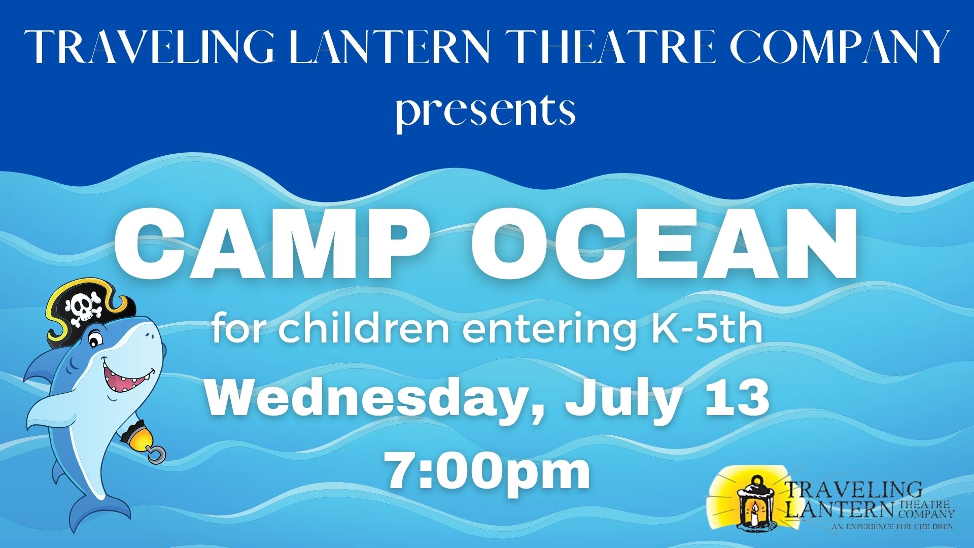 background image of ocean waves and a cartoon shark with white text reading Camp Ocean
