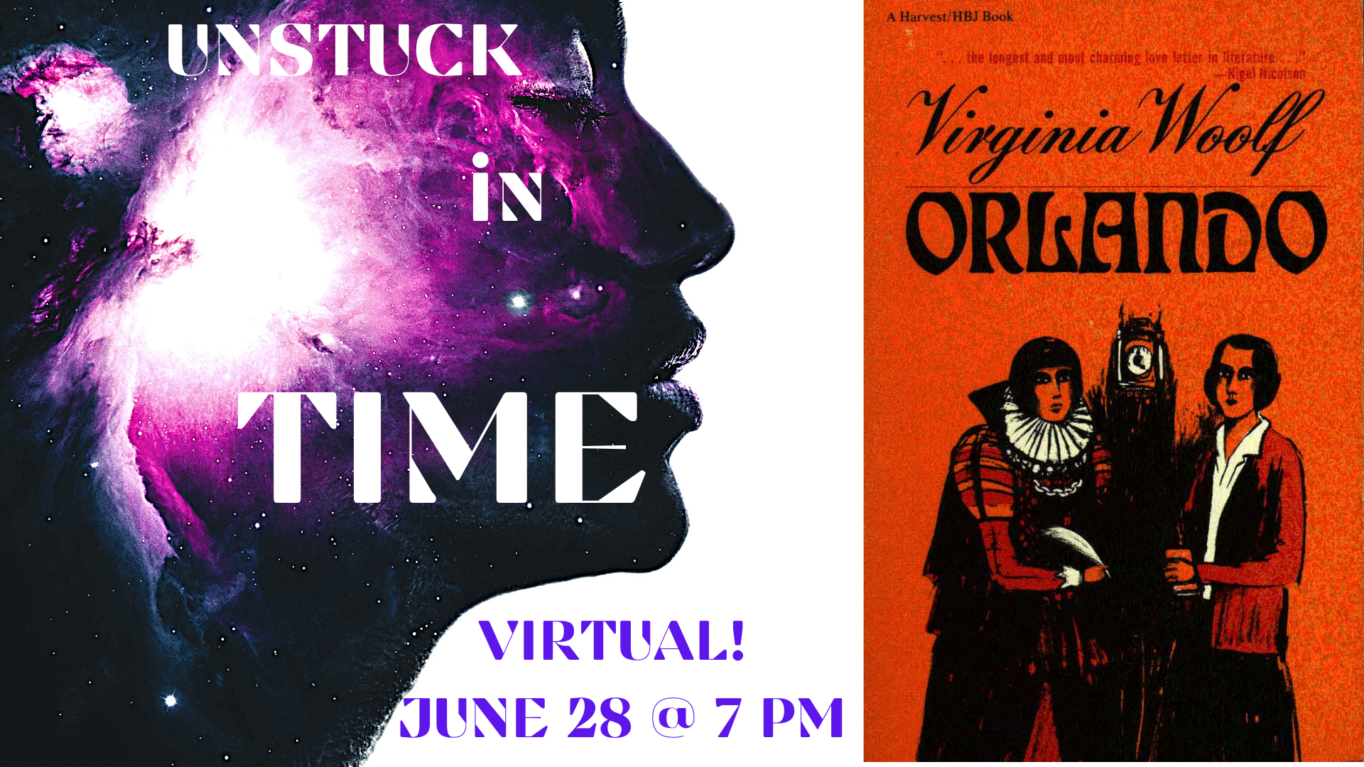 Banner advertising our UNSTUCK IN TIME book club on June 28 at 7 PM, featuring the cover of Virginia Woolf's ORLANDO.