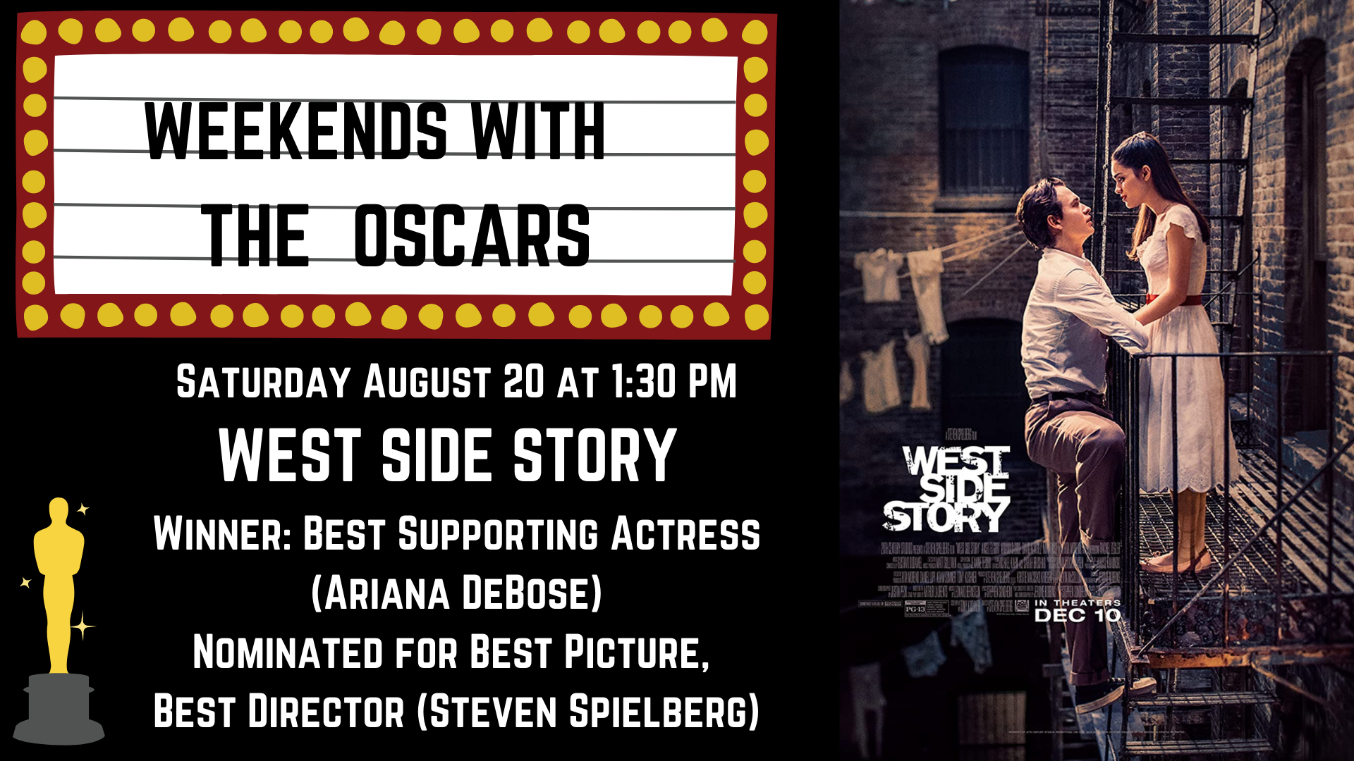 Banner advertising our screening of WEST SIDE STORY on August 20 at 1:30 PM, featuring the movie poster.