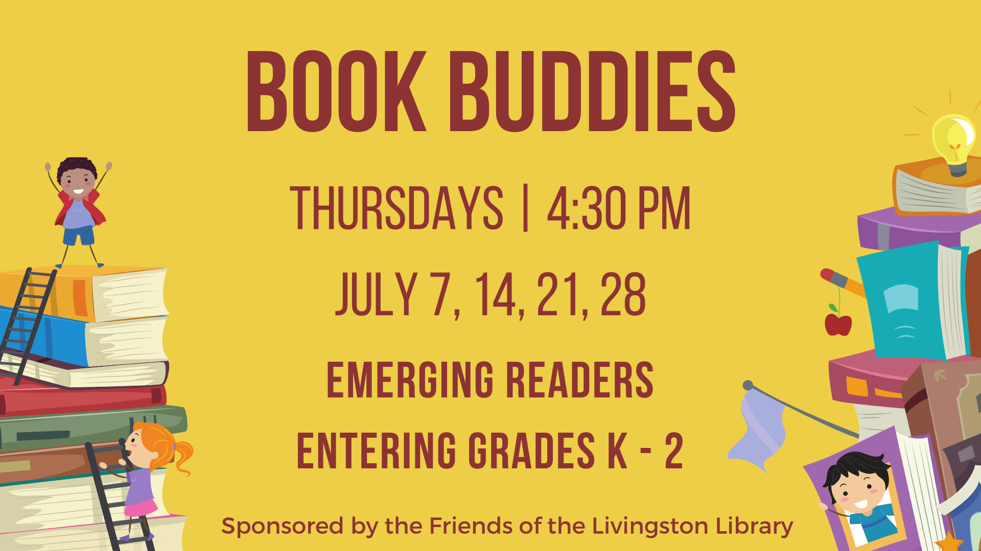 book buddies for emerging readers entering grades K to 2 in red text on a yellow background