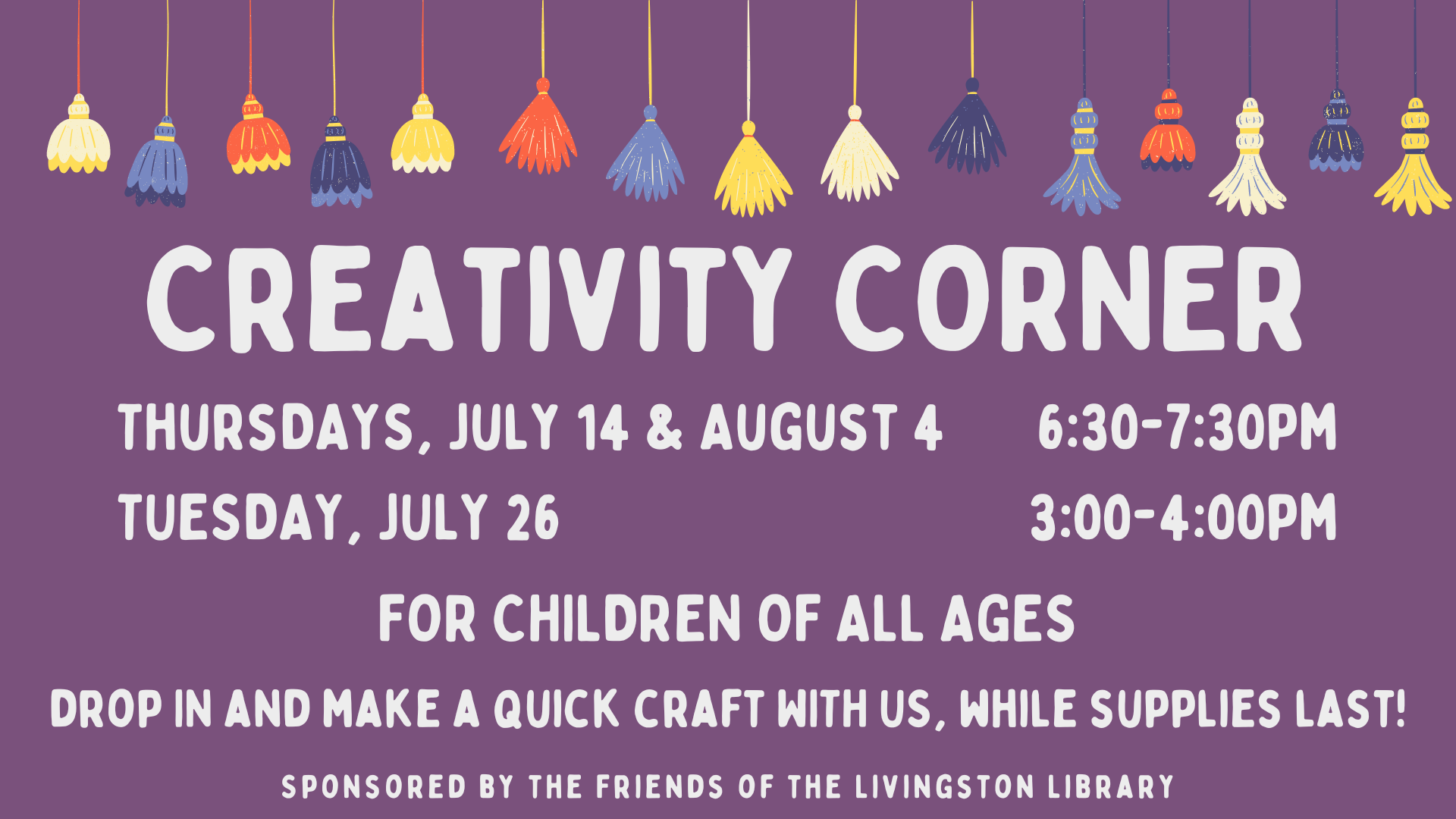creativity corner in white text on a purple background with colorful tassels along the top edge