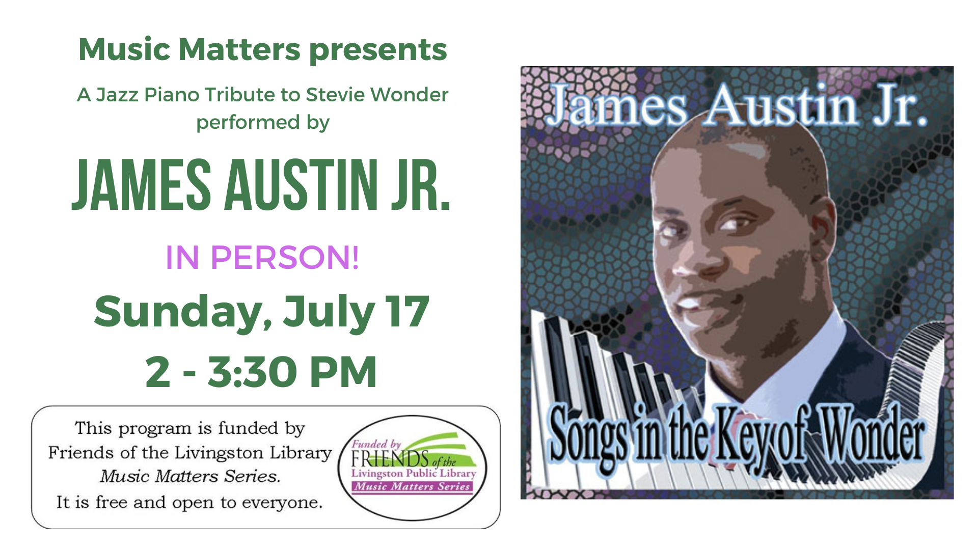 Banner advertising James Austin Jr.'s jazz piano tribute to Stevie Wonder