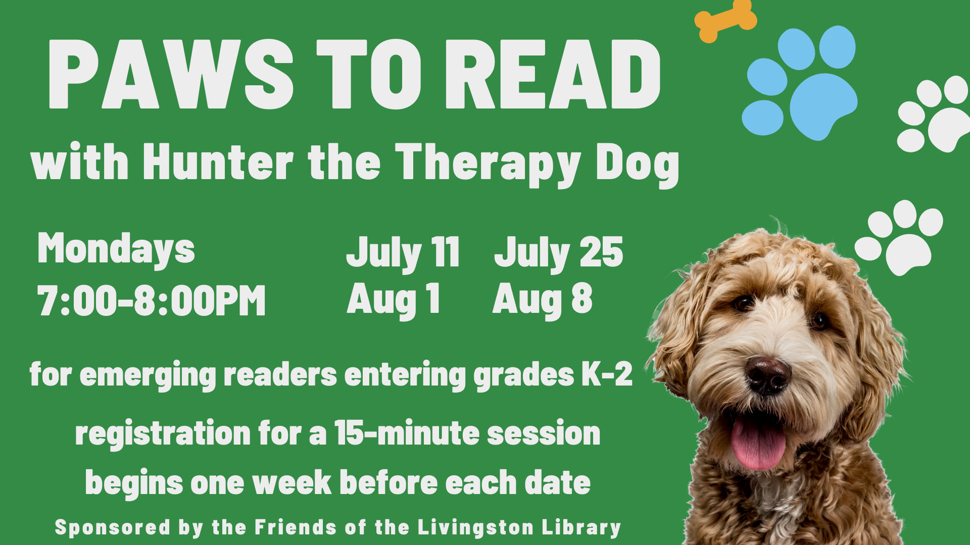 paws to read with hunter the therapy dog, with a picture of a golden doodle dog on a green background