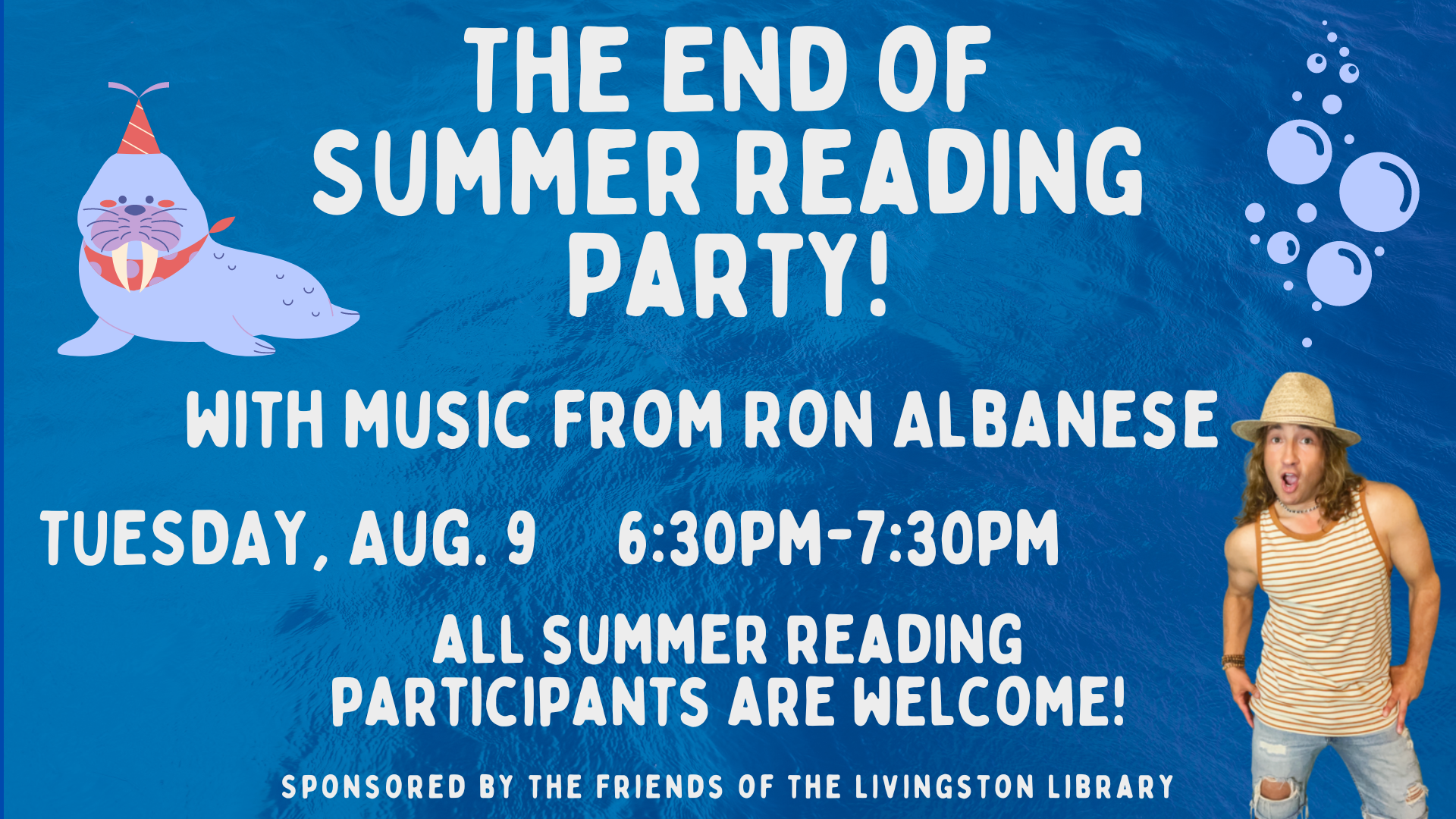white text saying the end of summer reading party with an ocean background