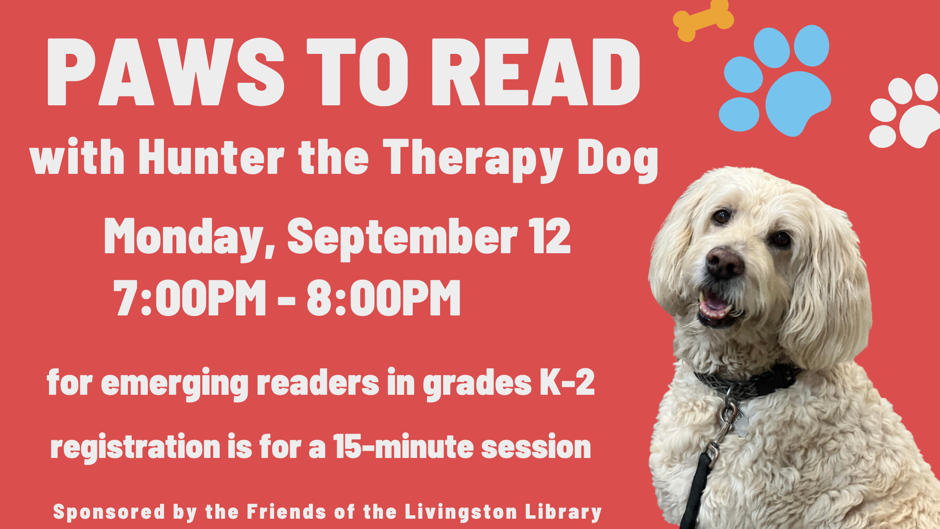 paws to read with hunter the therapy dog, with a picture of a golden doodle dog