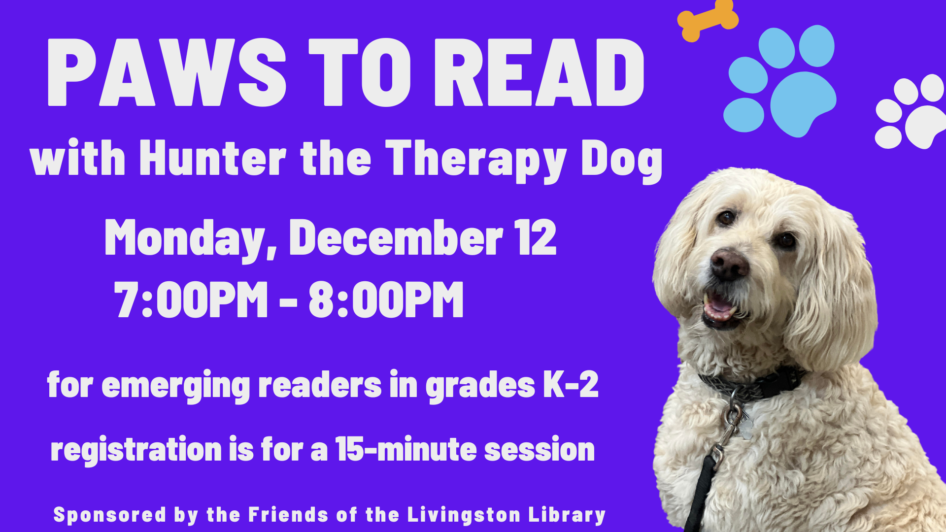 paws to read with hunter the therapy dog, with a picture of a golden doodle dog