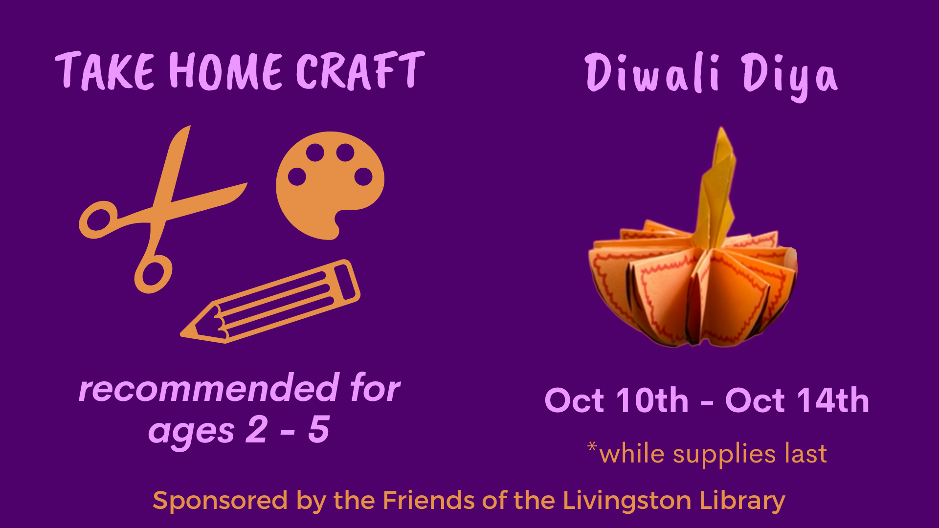 diya flame on a purple background with orange text reading take home craft diwali diya