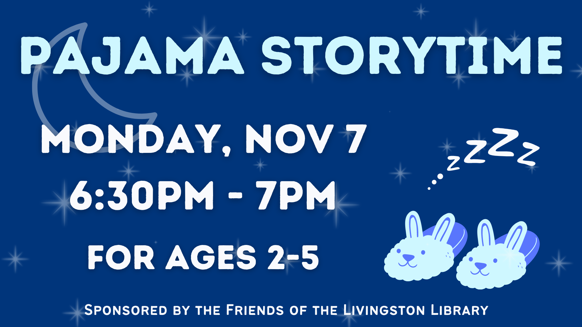 light blue text reading pajama storytime on a dark blue background with bunny slippers