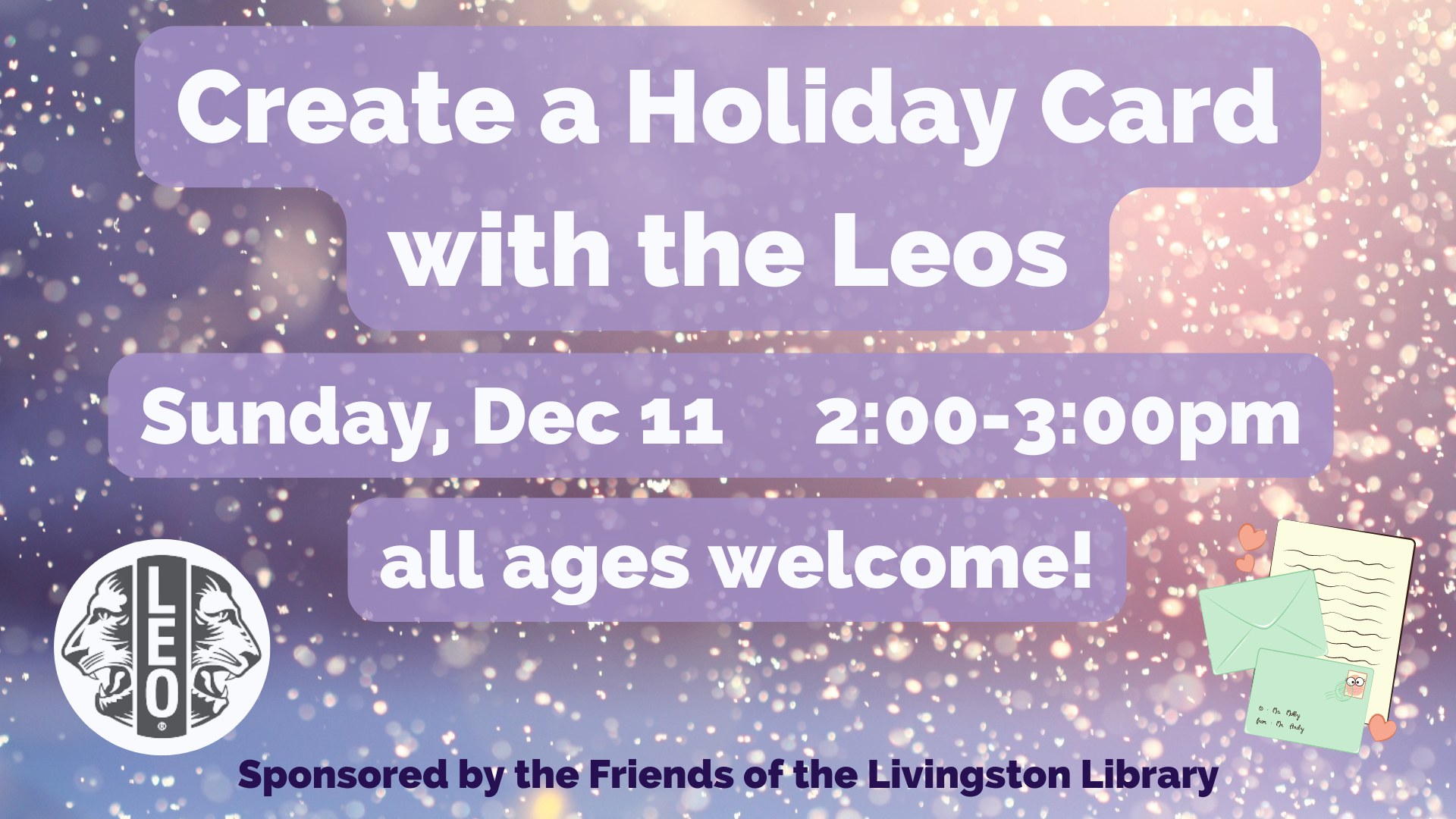 white text reading create a holiday card with the leos on a purple sparkling background with small graphics of a greeting card and a logo of two lion heads facing away from each other