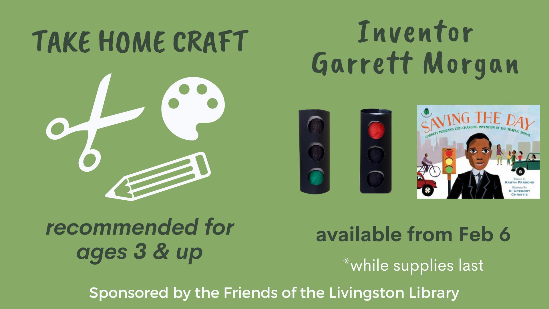 dark green text on a light green background reading take home craft, inventor garrett morgan with an image of a construction paper traffic light