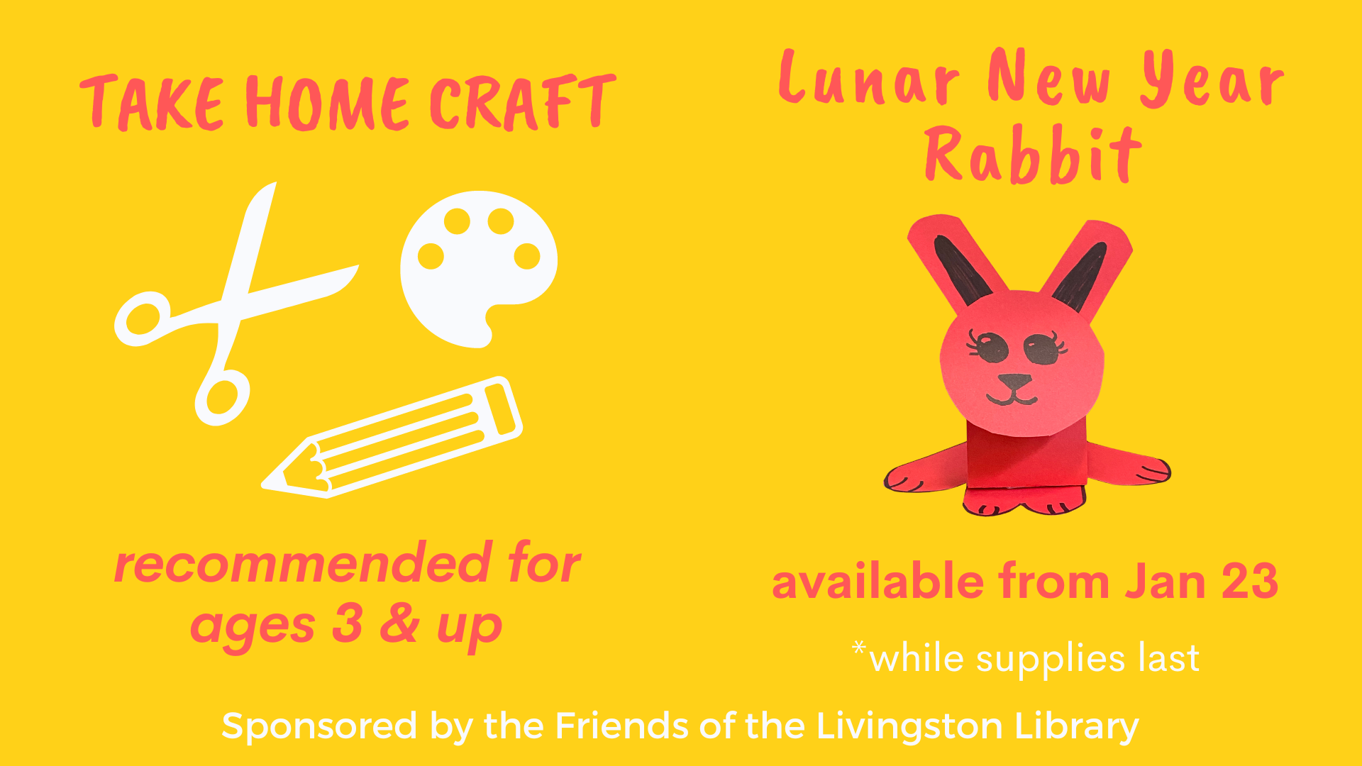 yellow background with red text reading take home craft lunar new year rabbit with a red paper rabbit