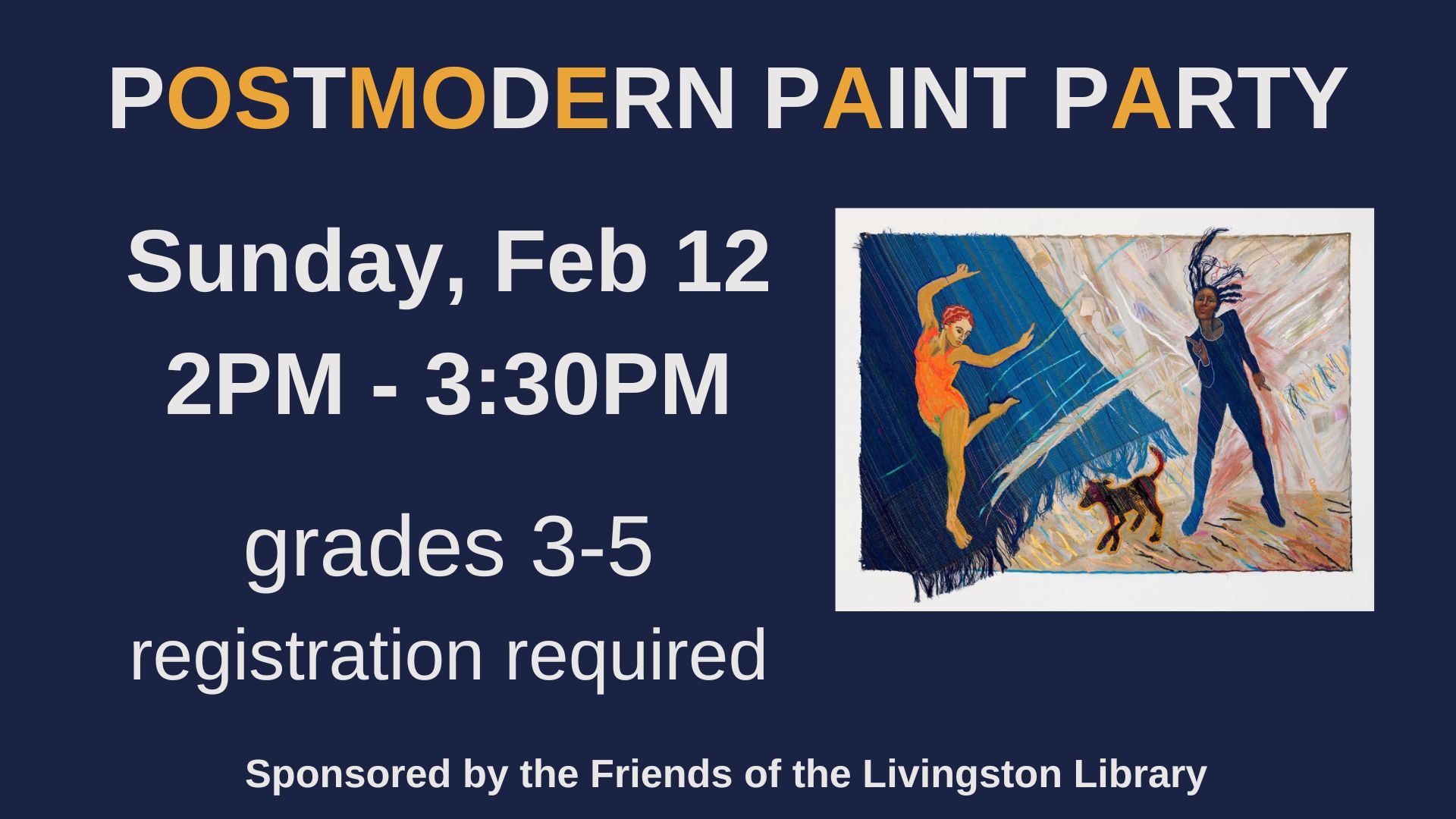 navy background with image of an emma amos painting with the text postmodern paint party