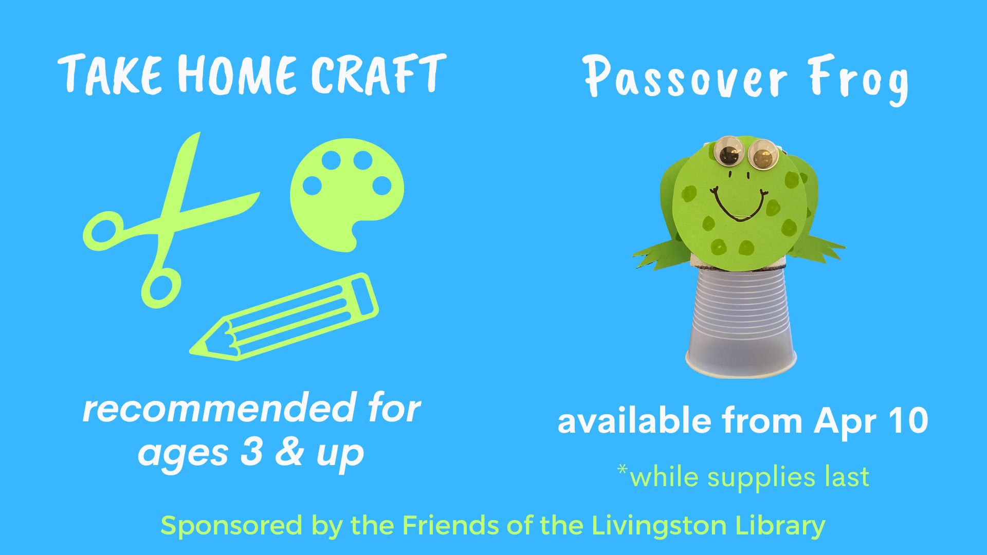 bright blue background with white text reading take home craft passover frog with a picture of a paper frog on a cup