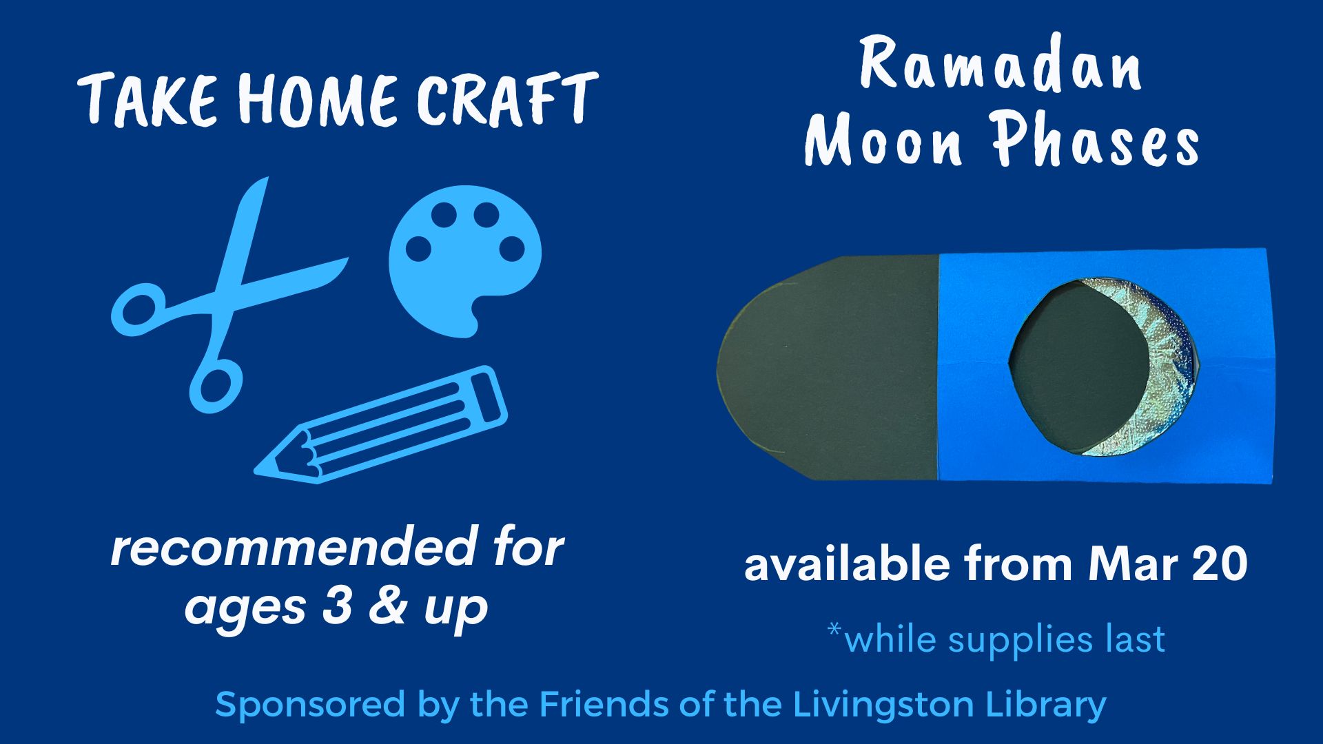 dark blue background with light blue text reading take home craft ramadan moon phases with a picture of a sliding paper moon phases craft