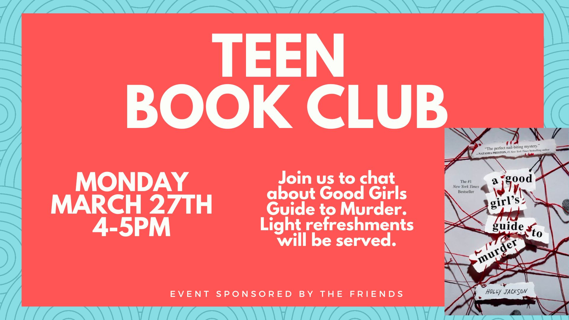 Teen book club promo. Red background, book cover, event description and time.