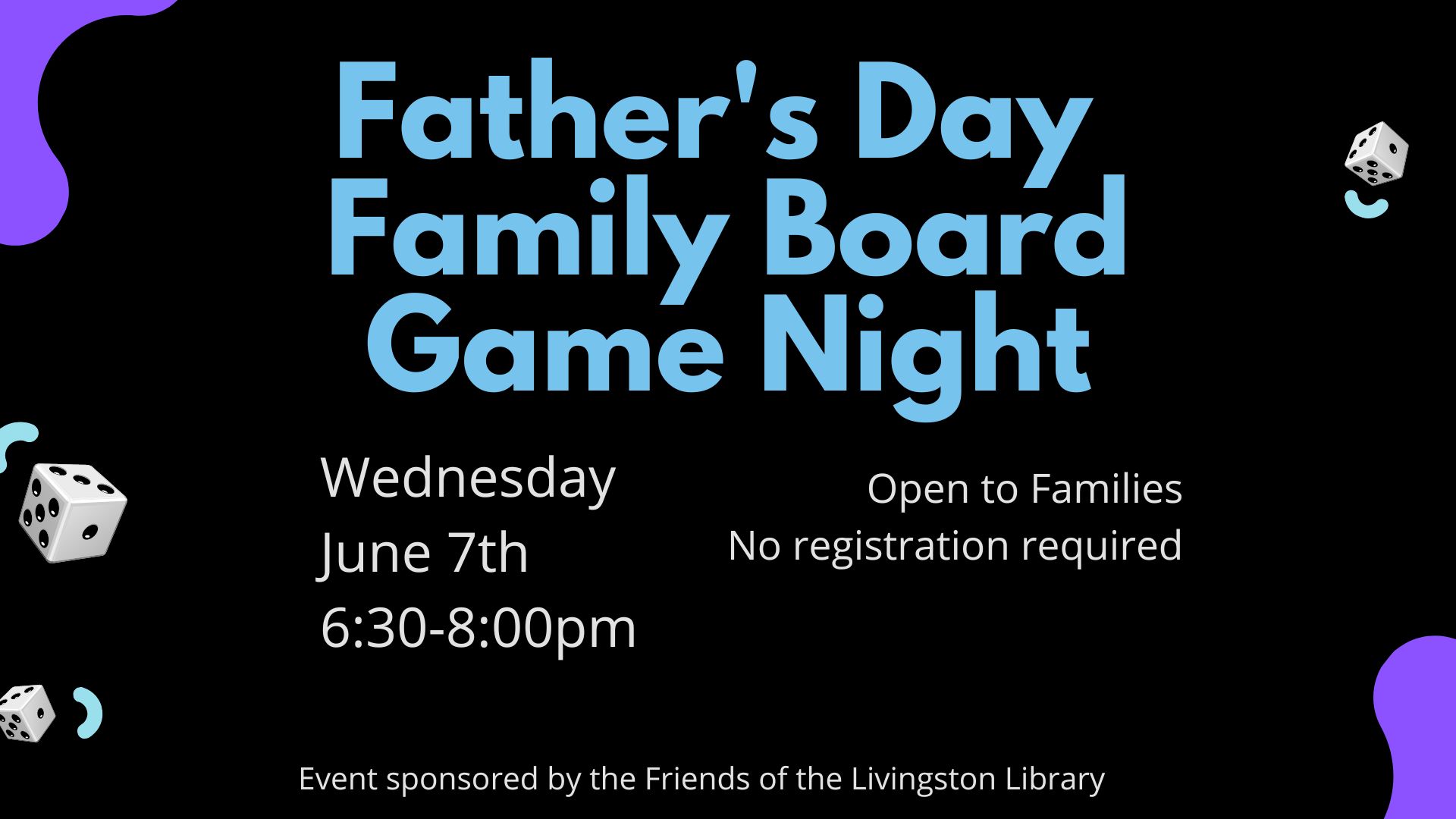Board game night promo. Black background, dice, event description and time.