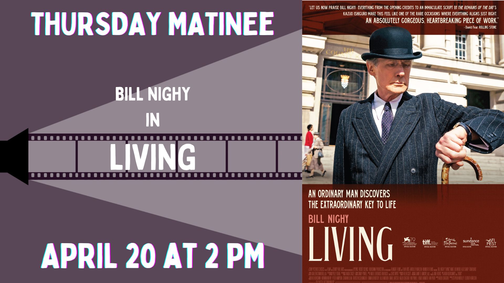 Banner advertising our screening of LIVING on Apr 20, 2023