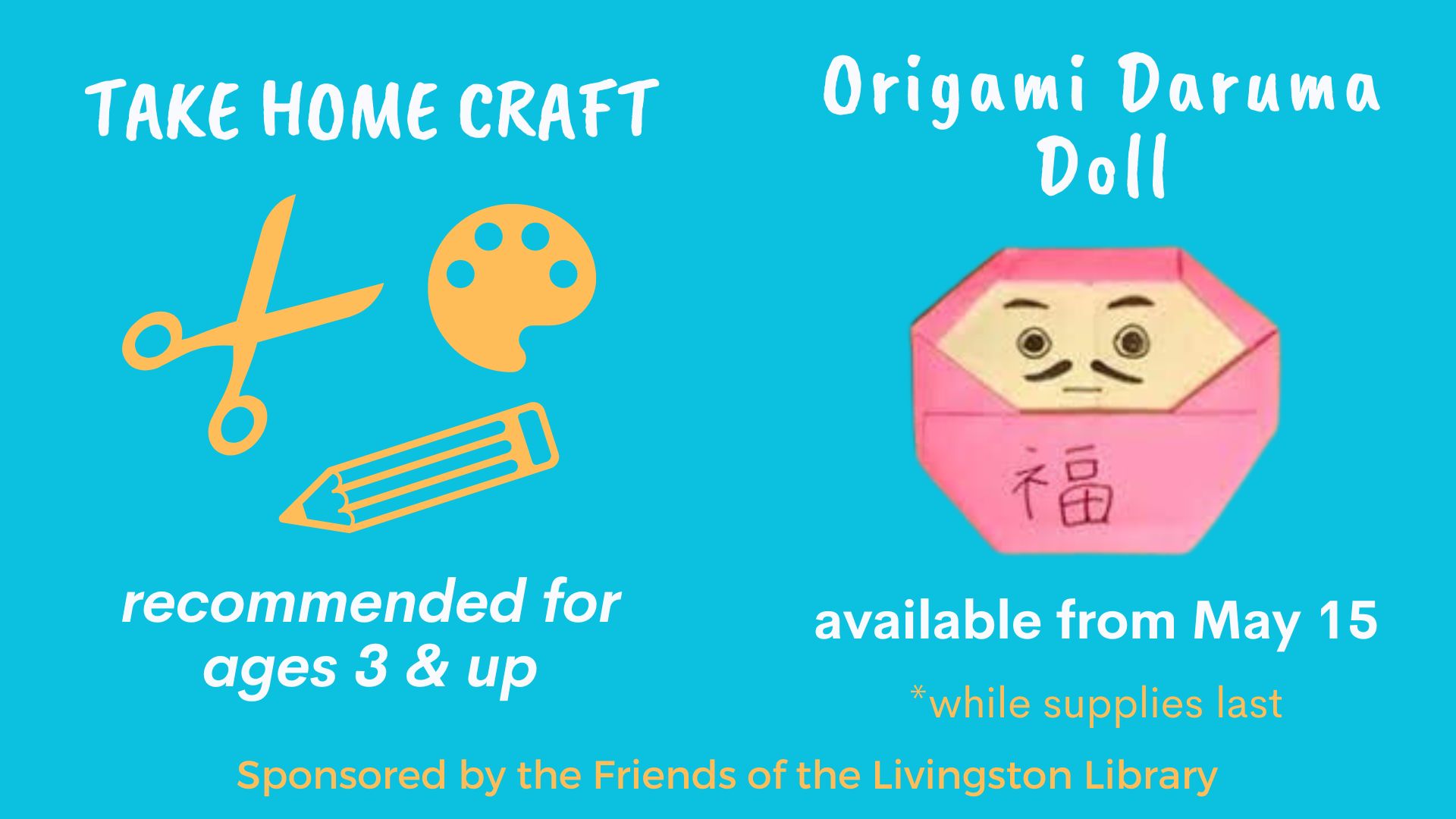 teal background with white text reading take home craft origami daruma doll with a picture of a round origami doll with a tan face and pink clothing