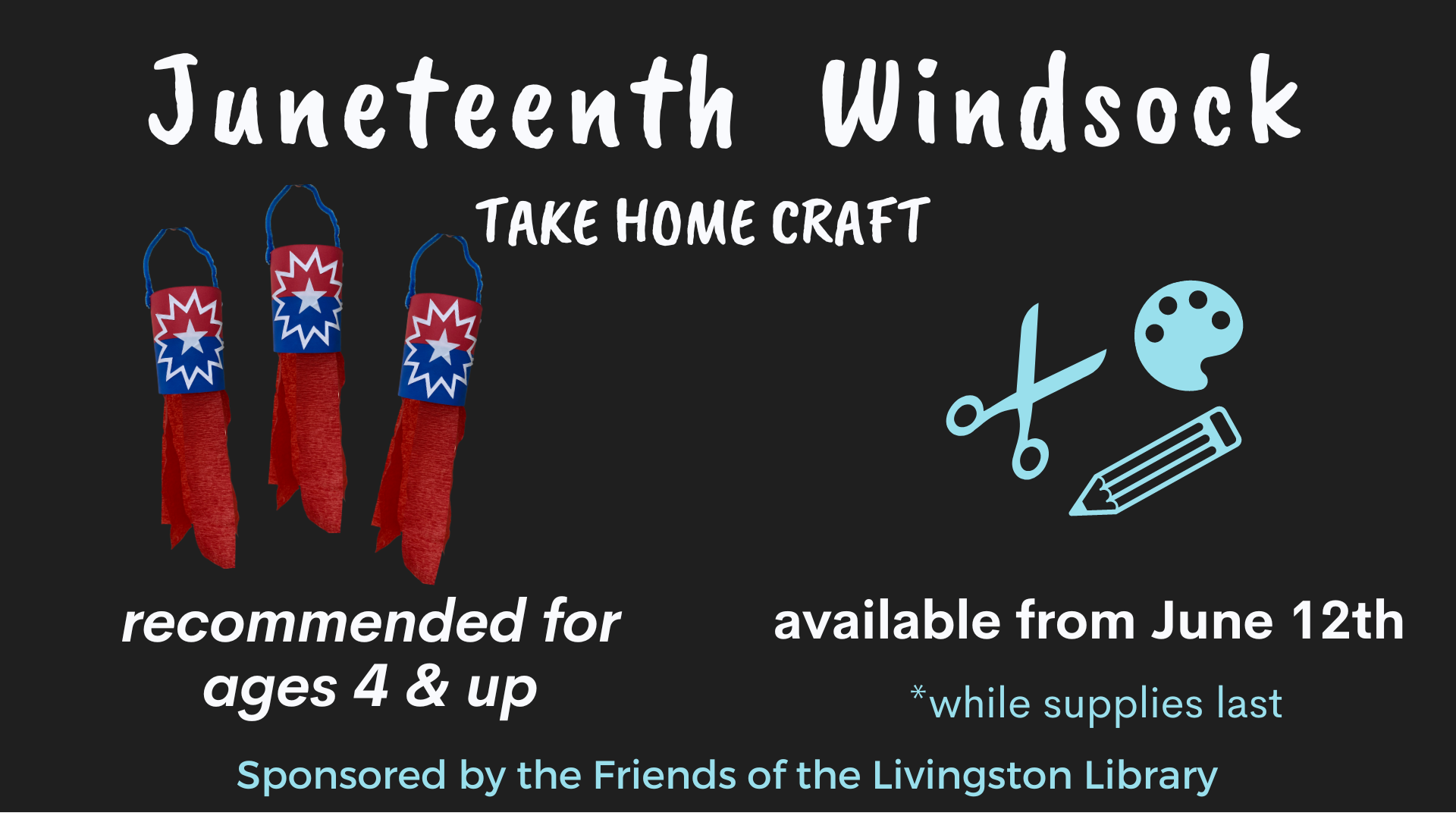 white text juneteenth windsock craft on a black background
