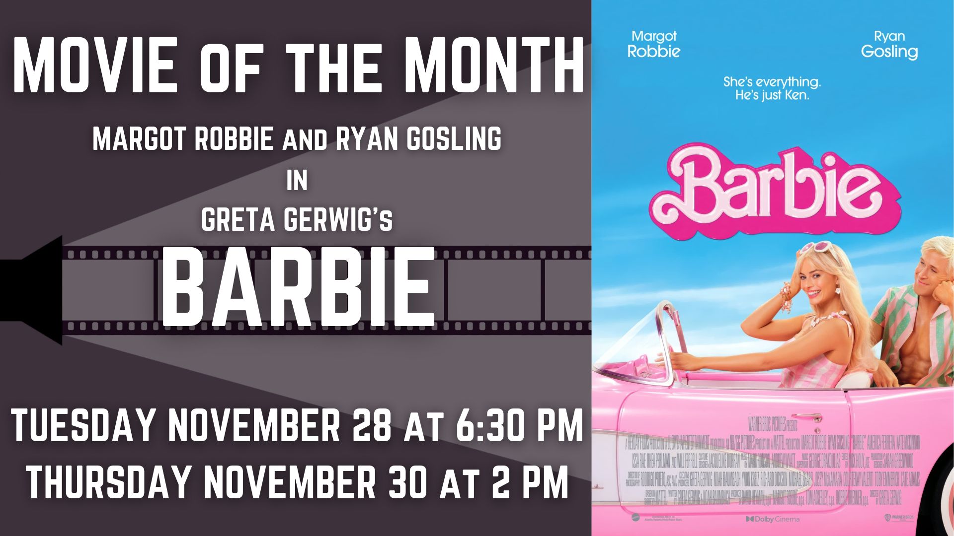 Banner advertising our screening of BARBIE