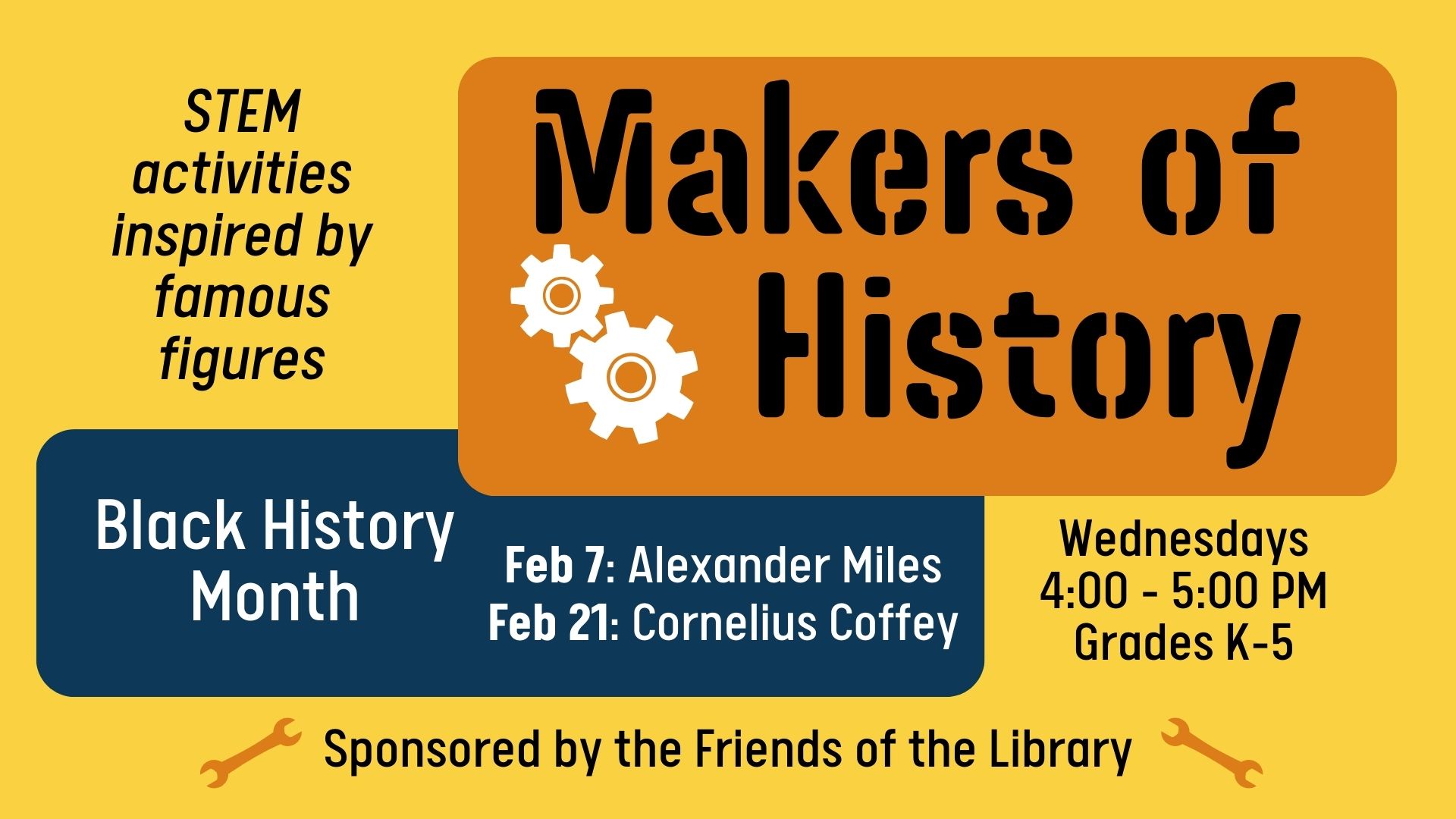 Makers of history event details. Yellow background with gears and wrenches.