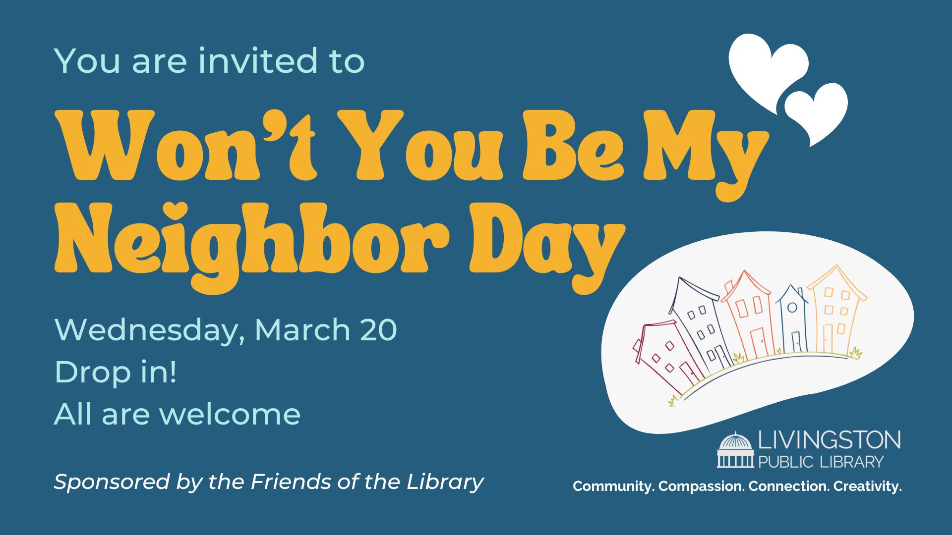 won't you be my neighbor day text on a blue background march 20th all day