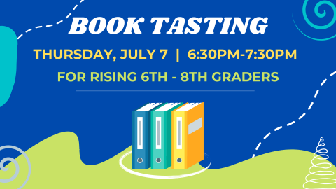 text saying book tasting on a blue and green background with colorful books