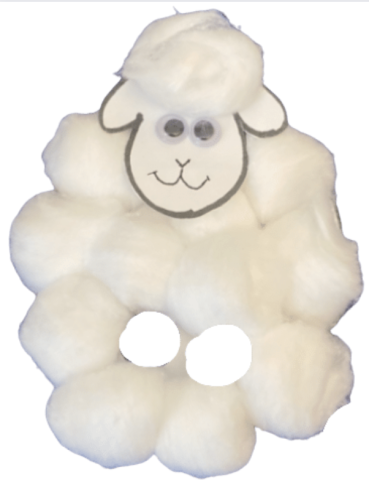 White sheep puppet made with white cotton balls.