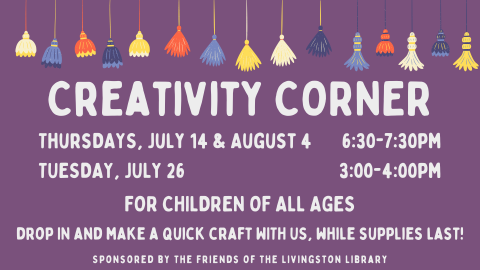 creativity corner in white text on a purple background with colorful tassels along the top edge