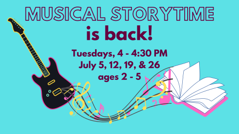 Banner advertising Musical Storytime with musical notes flowing from a guitar to a book