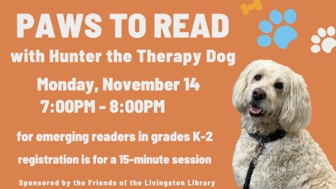 paws to read with hunter the therapy dog, with a picture of a golden doodle dog