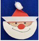 Santa with a white beard, red nose, and red and white hat on a blue background