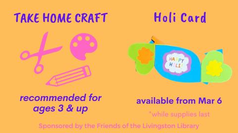 orange background with purple text reading take home craft holi card and a picture of a colorful card with fireworks