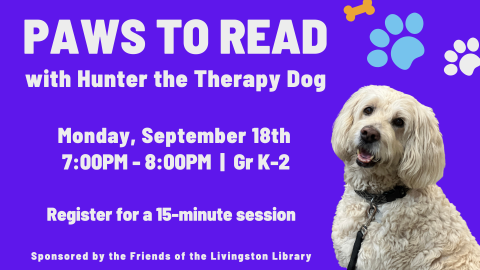 paws to read with hunter the therapy dog, with a picture of a golden doodle dog on a purple background