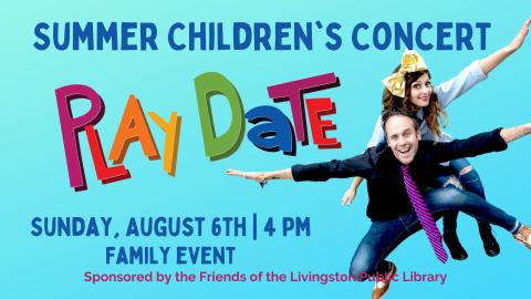 Summer Children's Concert Play Date multicolored text over a blue gradiated background 