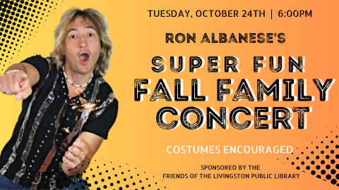 ron albanese's super fun fall family concert in black text on an orange/yellow gradient  background