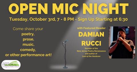 Banner advertising Open Mic Night on Oct 3, 2023