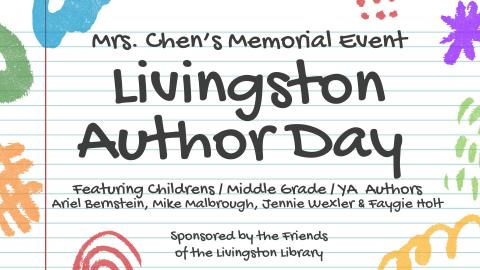 black text on a white lined notebook page background that reads Mrs. Chen's Memorial Event: Livingston Author Day