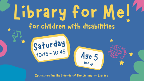 yellow text on a blue background reading library for me! for children with disabilities