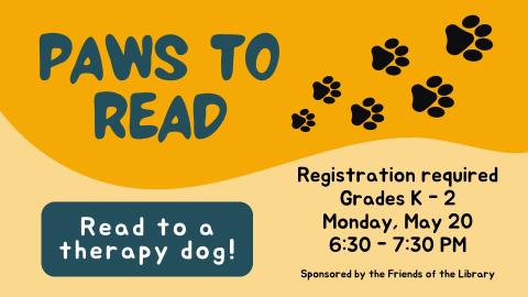 Paws to read: read to a therapy dog! Image of dog prints.