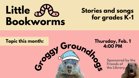 Flyer with event information. A groundhog with a sleeping cap on looks out. Another groundhog opens its mouth in the corner.