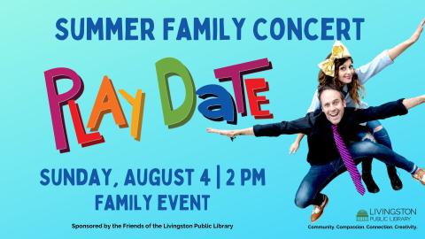 Photograph of Play Date performers with arms spread. Summer Family Concert. Sunday, August 4. 2 pm. Family event.