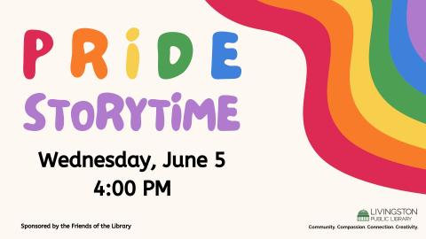 pride storytime text in rainbow colors on a white background