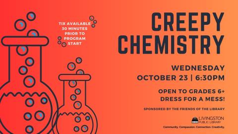 Orange background with chemistry flasks on the left. Black text.