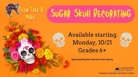 Orange background. Black text or white text over pink background. Pictures of traditional sugar skulls.