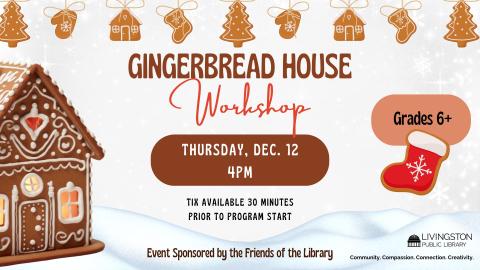 Snowy background. Gingerbread house on the left. Brown text. Red script font as well.