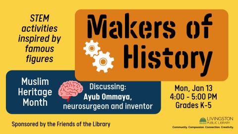 Makers of History: Muslim Heritage Month. STEM activities inspired by famous figures. Discussing: Ayub Ommaya, neurosurgeon and inventor. Drawing of a brain.